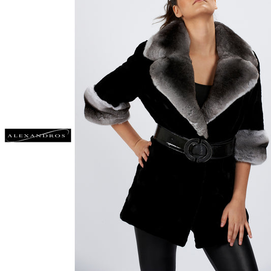Shear Mink With Chinchilla Collar 3/4 Sleeve - alexandros-furs