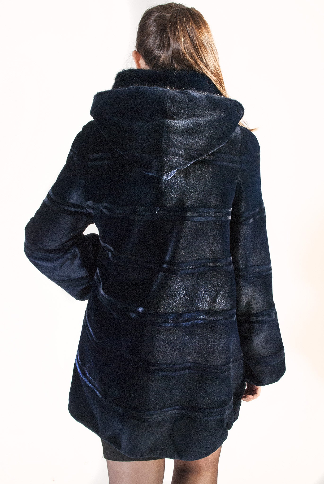 Horizontal Blue Sheared Mink Jacket with Hood - alexandros-furs