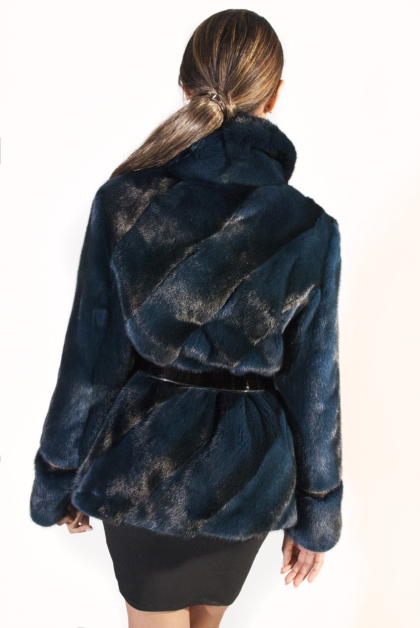 Diagonal Belted Sheared Mink Jacket - Navy-Black - alexandros-furs