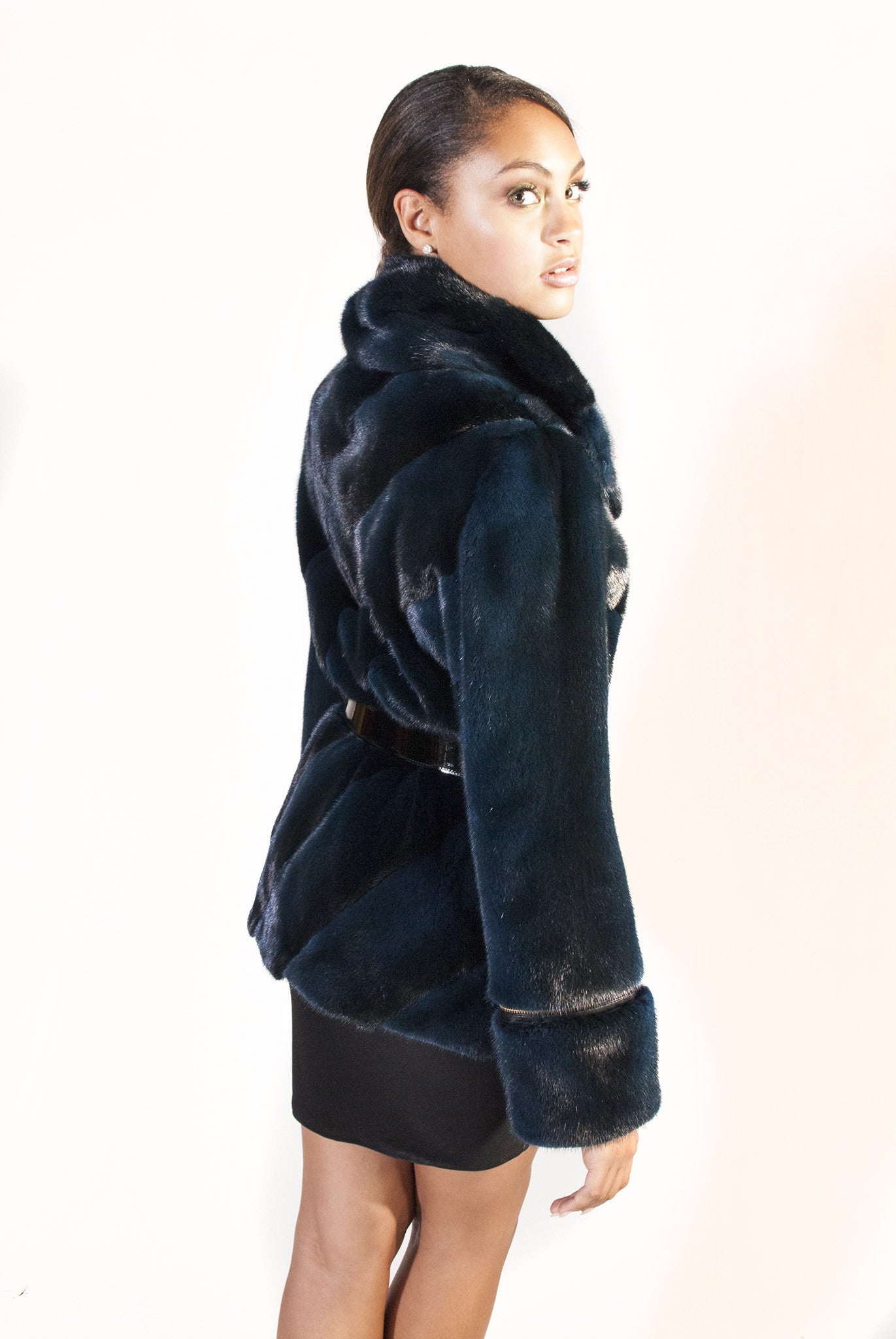 Diagonal Belted Sheared Mink Jacket - Navy-Black - alexandros-furs