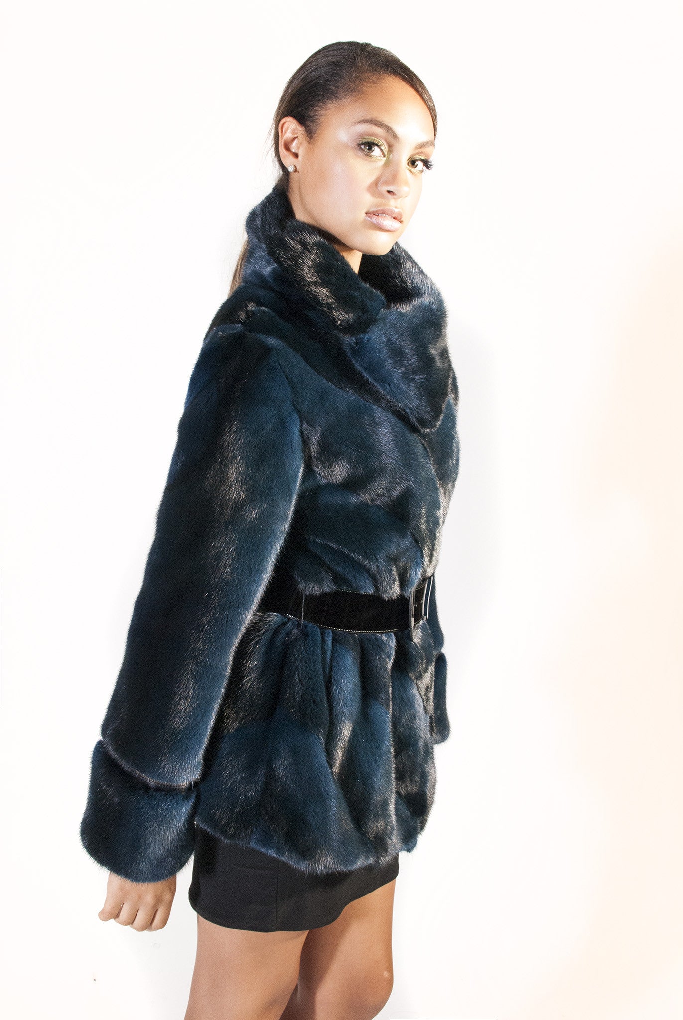 Diagonal Belted Sheared Mink Jacket - Navy-Black - alexandros-furs