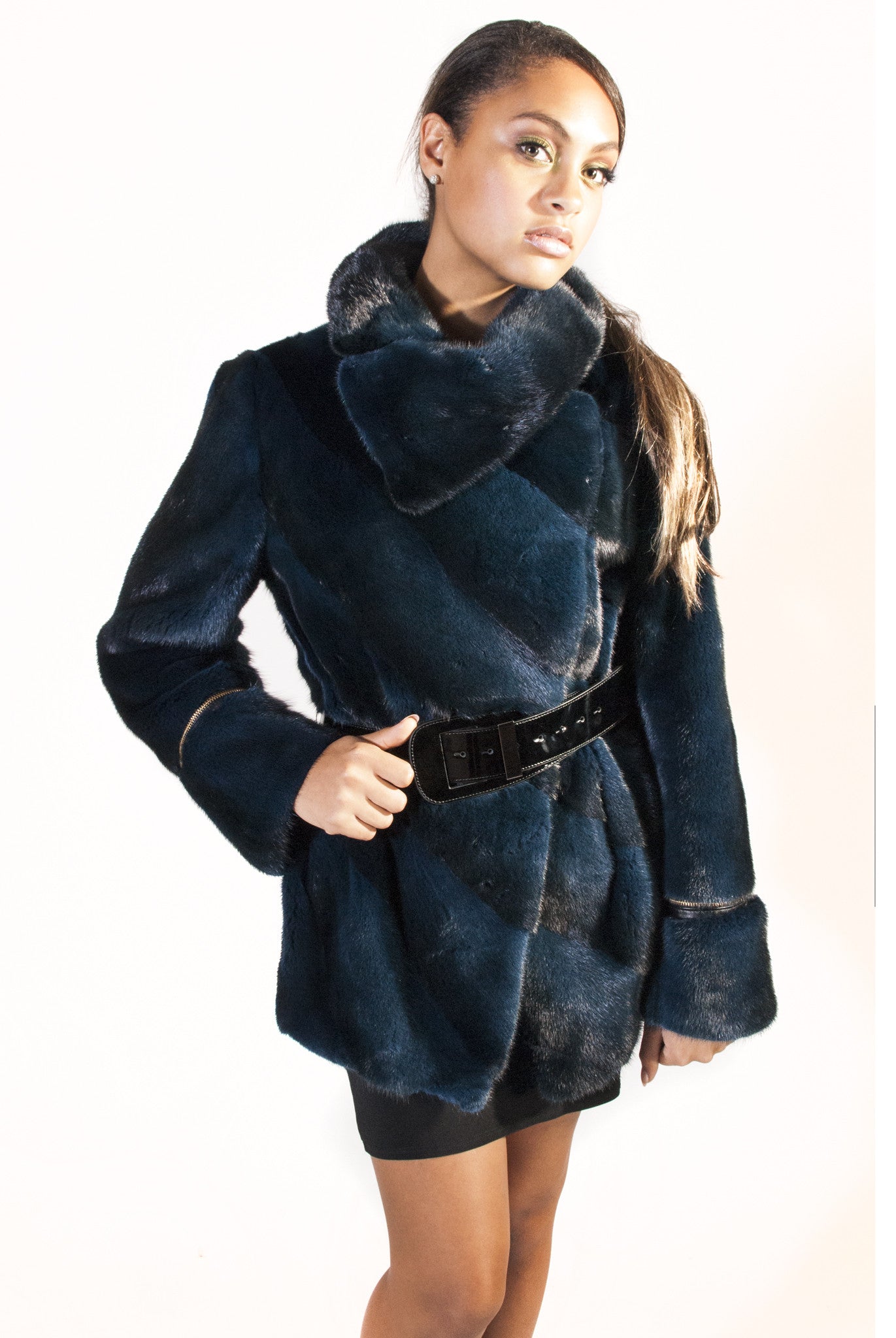 Diagonal Belted Sheared Mink Jacket - Navy-Black - alexandros-furs