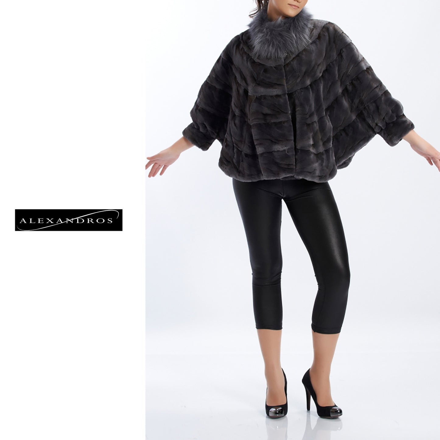 Shear sculptured Mink 3/4 Sleeve blouzon bottom With Fox Collor - alexandros-furs