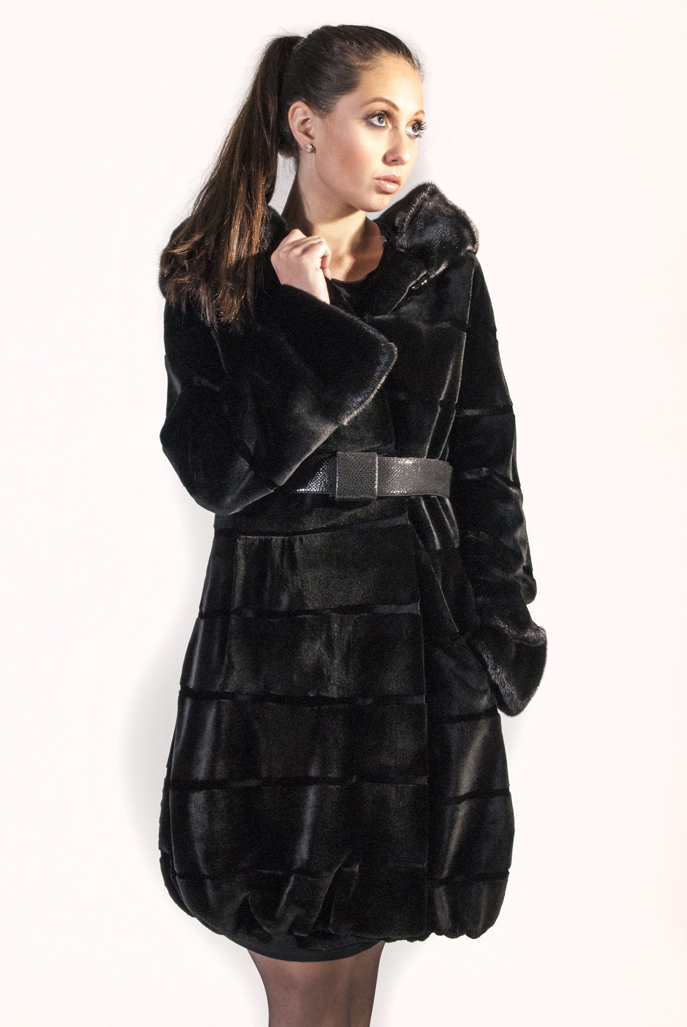 Black Sheared Mink Coat with Belt and Grooved Pattern - alexandros-furs