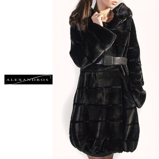 Black Sheared Mink Coat with Belt and Grooved Pattern - alexandros-furs