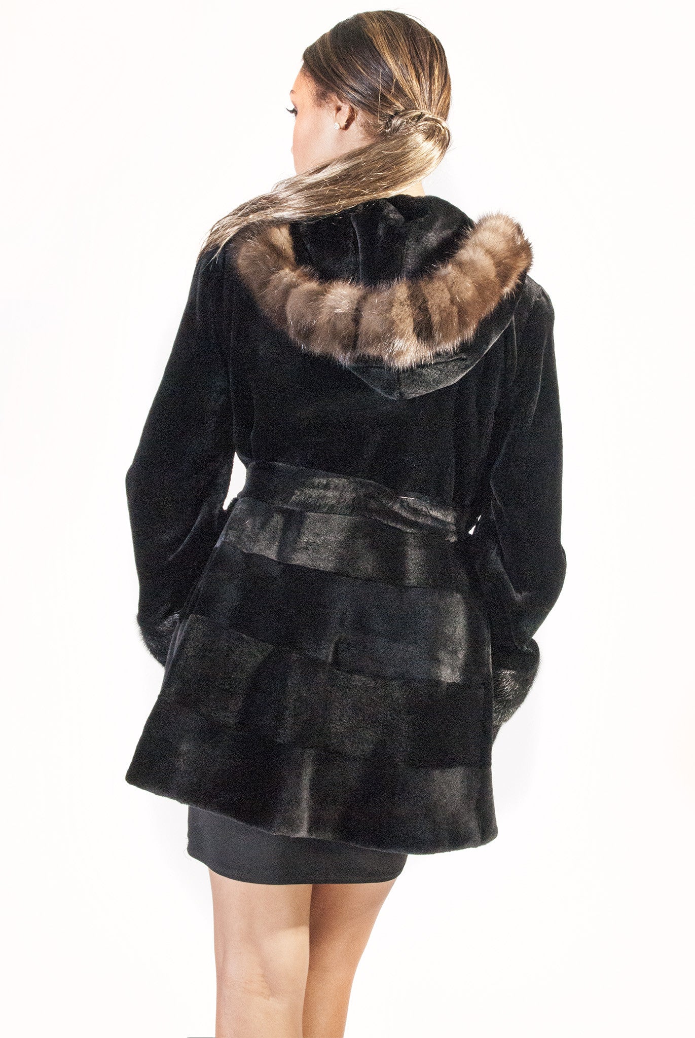Short Sheared Mink Jacket with Sable Hood Trim - Belted - alexandros-furs
