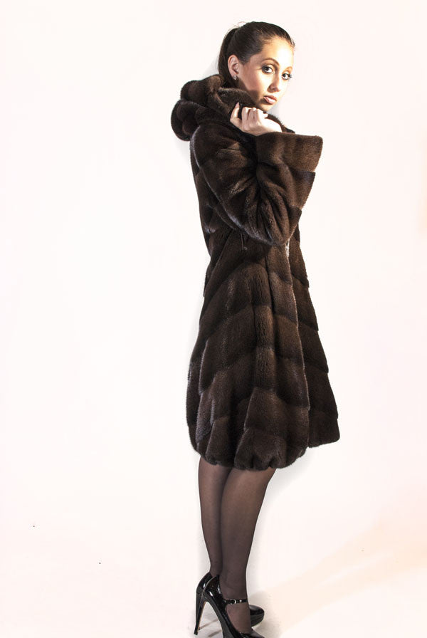 Chevron Hooded Mink Coat with Tulip Bottom - alexandros-furs