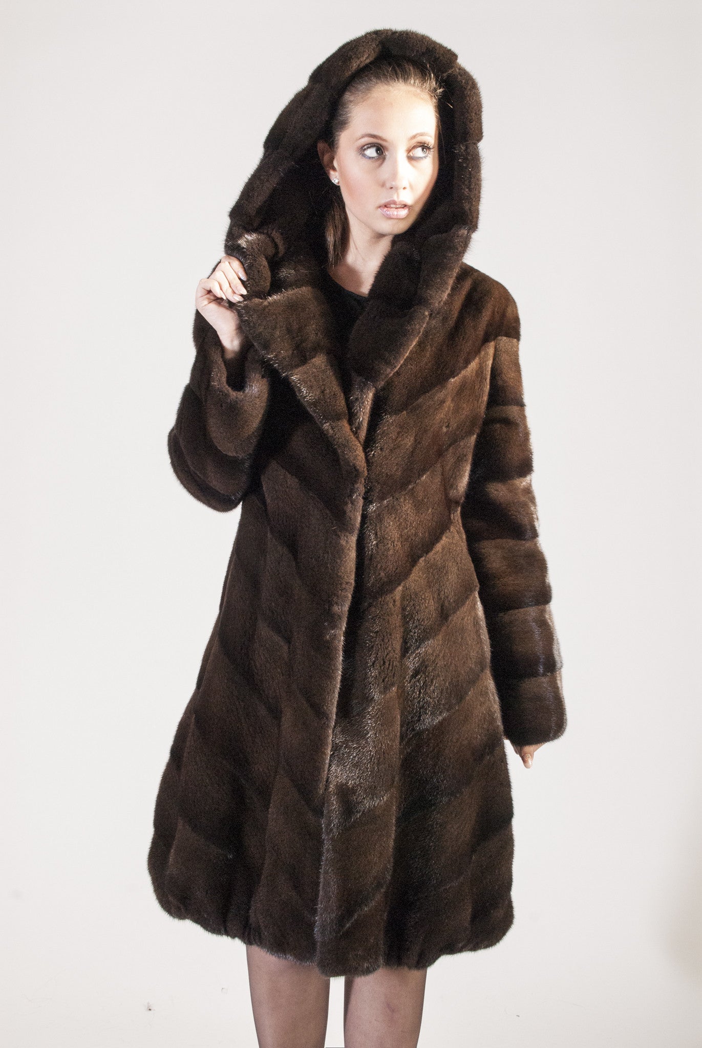 Chevron Hooded Mink Coat with Tulip Bottom - alexandros-furs