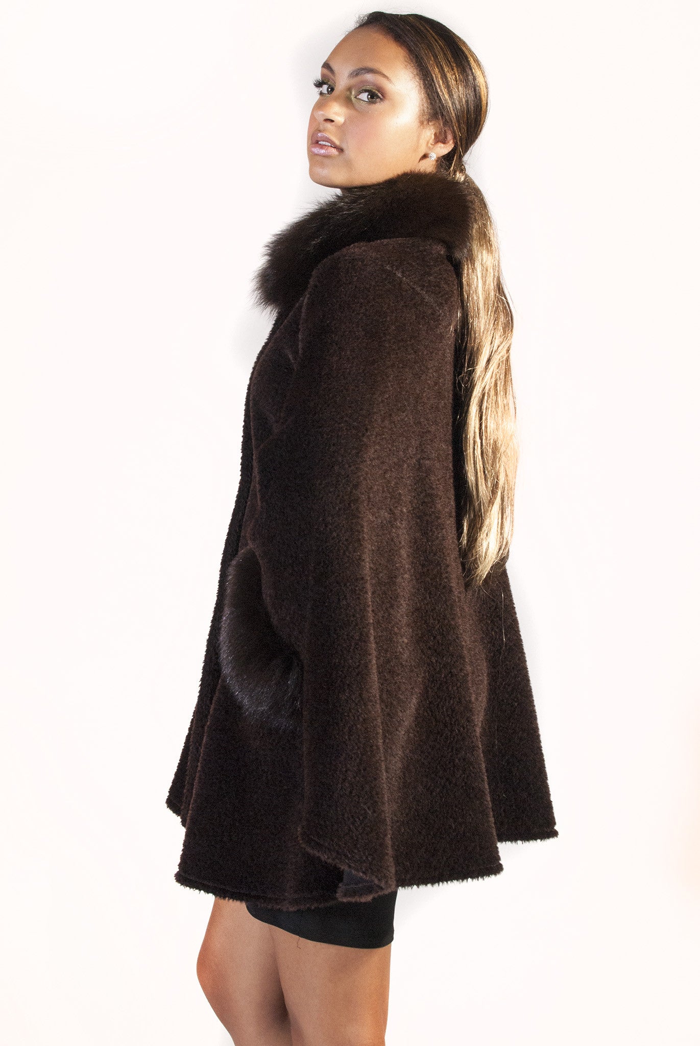 Brown Alpaca Cape with Fox Trim - alexandros-furs