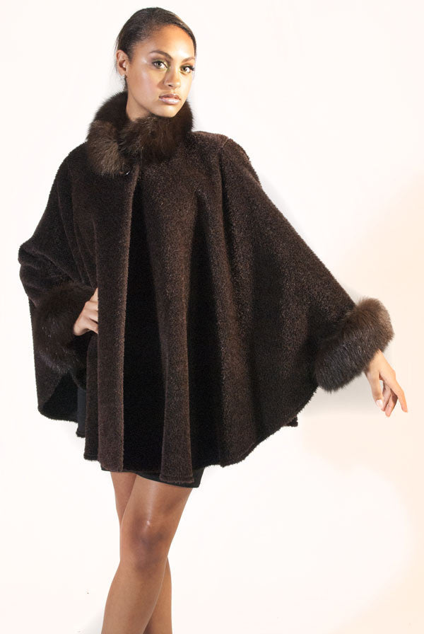 Brown Alpaca Cape with Fox Trim - alexandros-furs