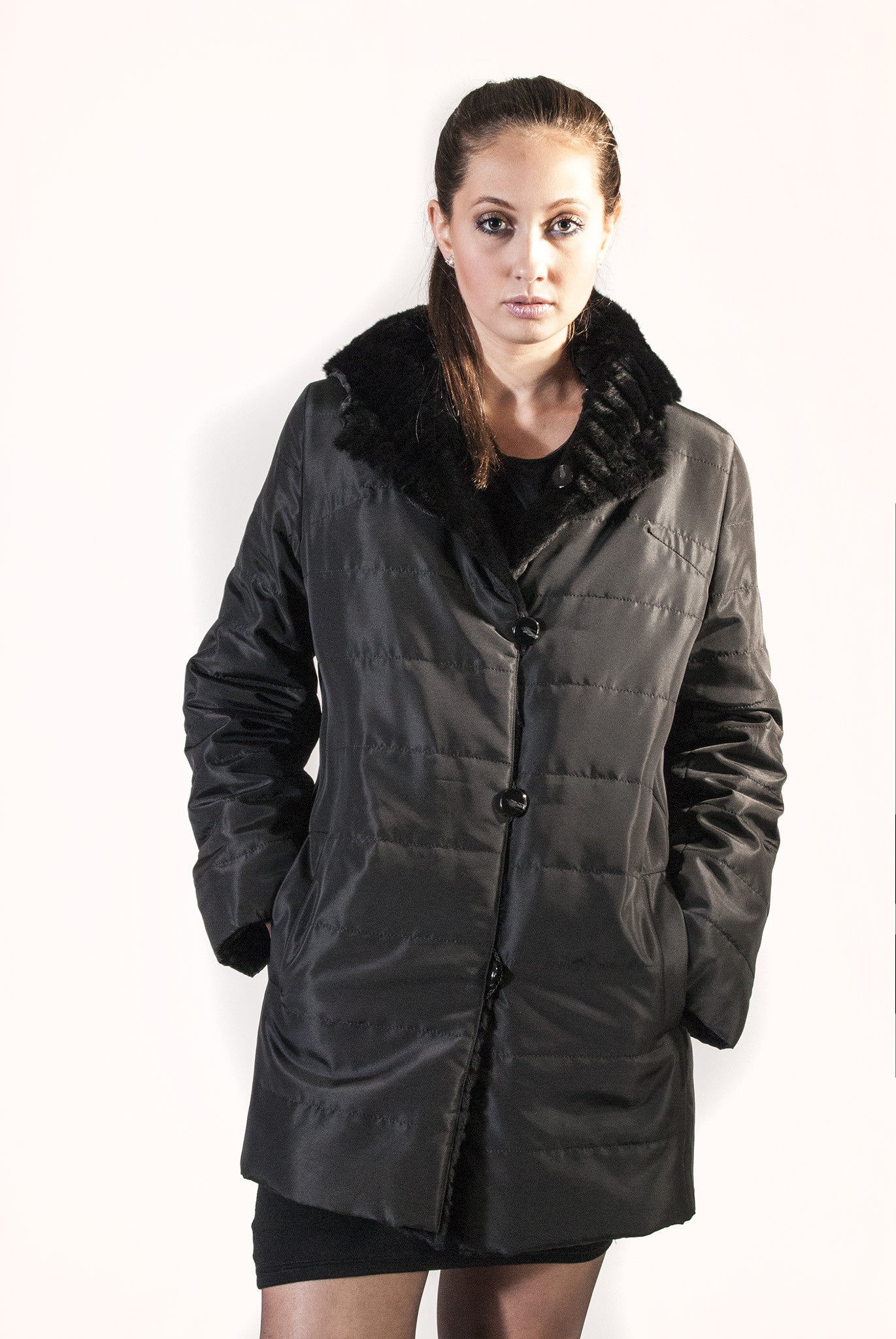 Black Plucked Mink Reversible Raincoat with Horizontal Grooved Hem - alexandros-furs