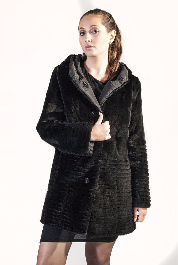 Black Plucked Mink Reversible Raincoat with Horizontal Grooved Hem - alexandros-furs