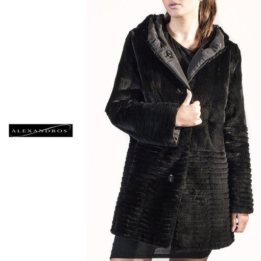 Black Plucked Mink Reversible Raincoat with Horizontal Grooved Hem - alexandros-furs