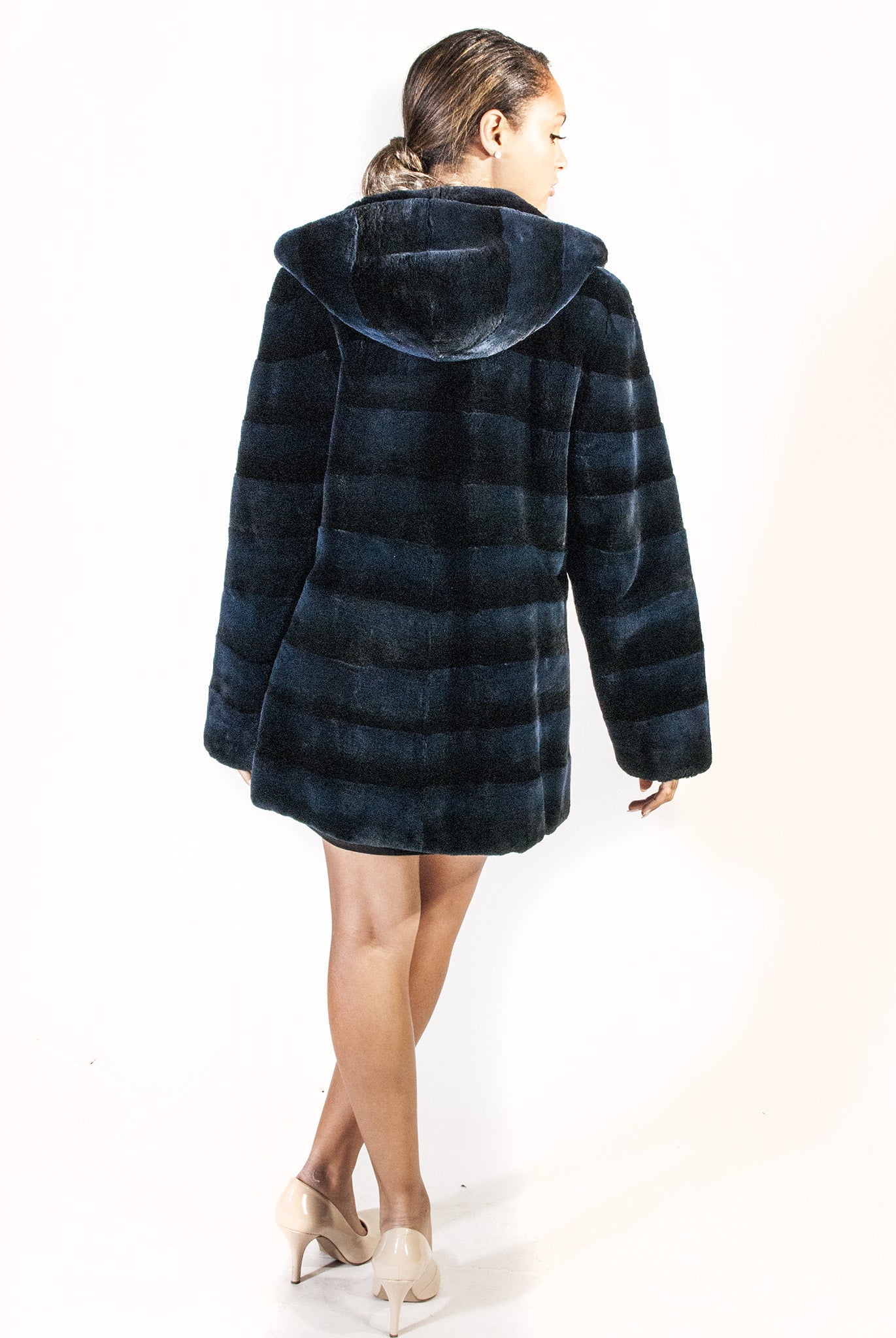Short Blue-Black Horizontal Sheared Beaver Coat with Hood - alexandros-furs