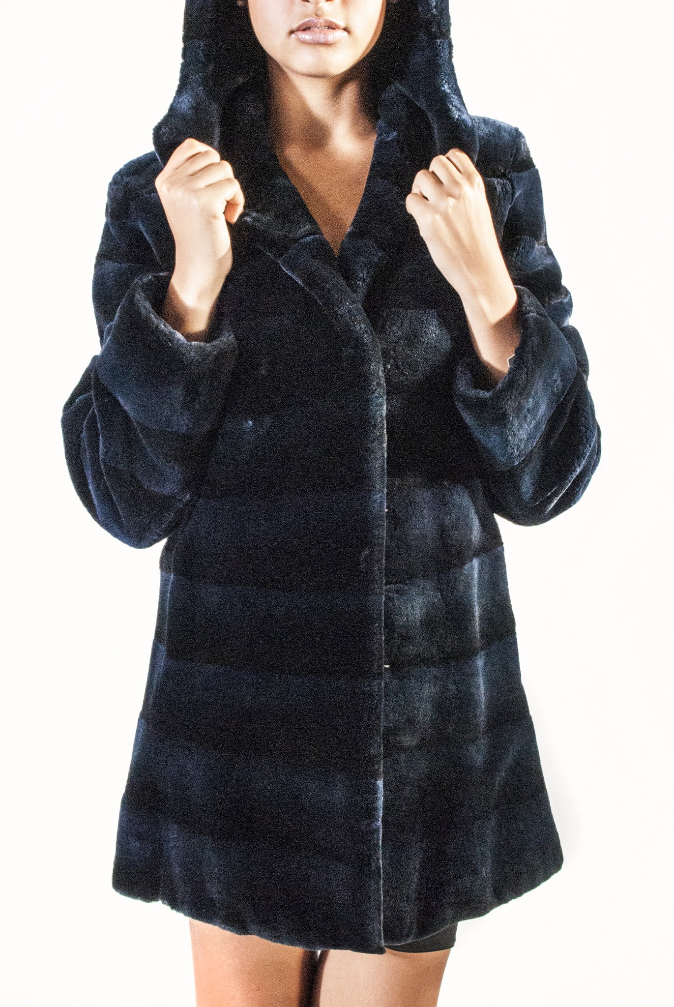 Short Blue-Black Horizontal Sheared Beaver Coat with Hood - alexandros-furs