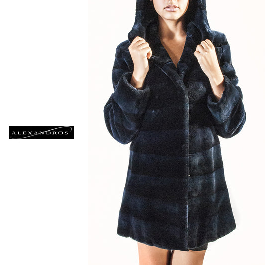 Short Blue-Black Horizontal Sheared Beaver Coat with Hood - alexandros-furs