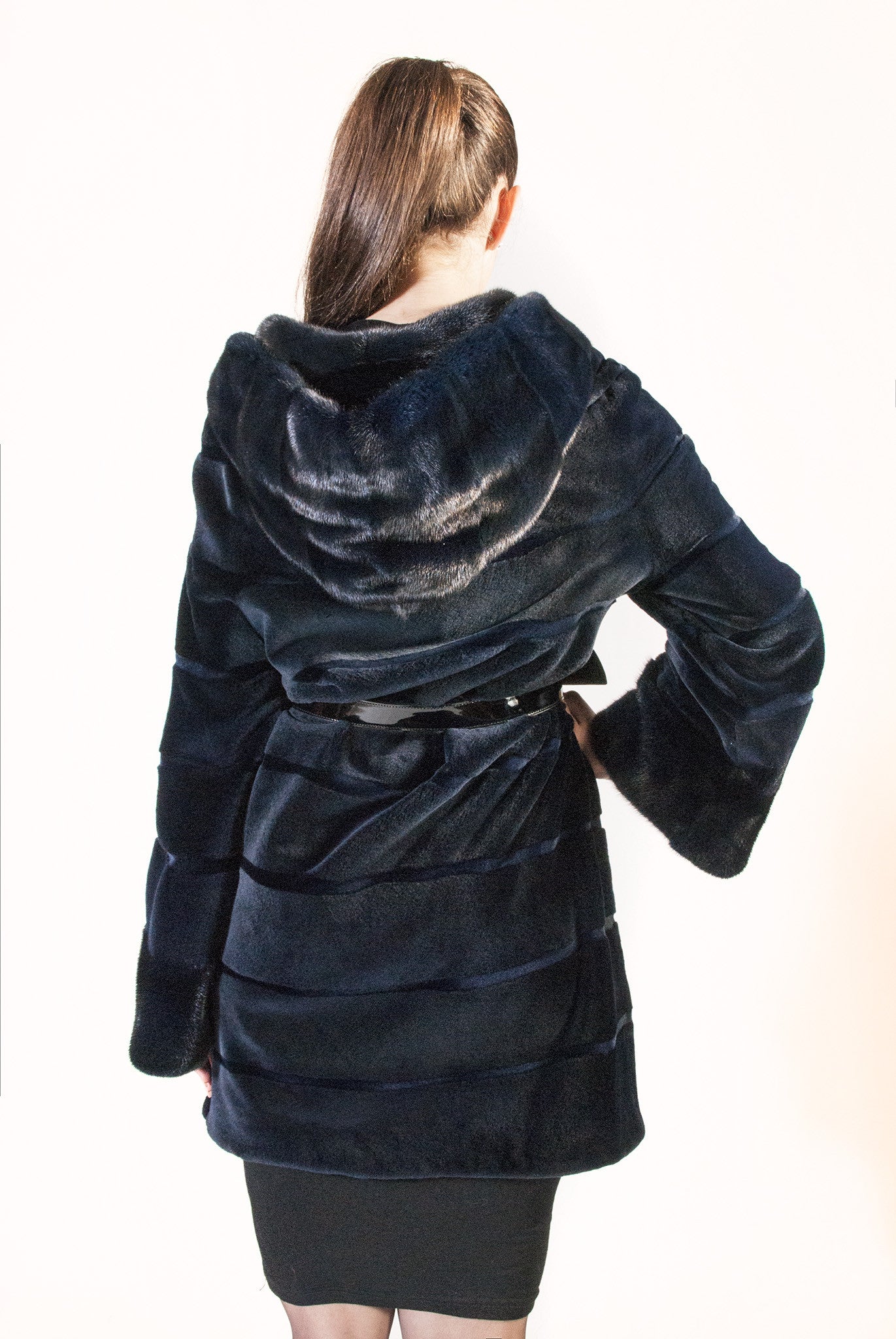 Blue Horizontal Hooded Sheared Mink Jacket - alexandros-furs