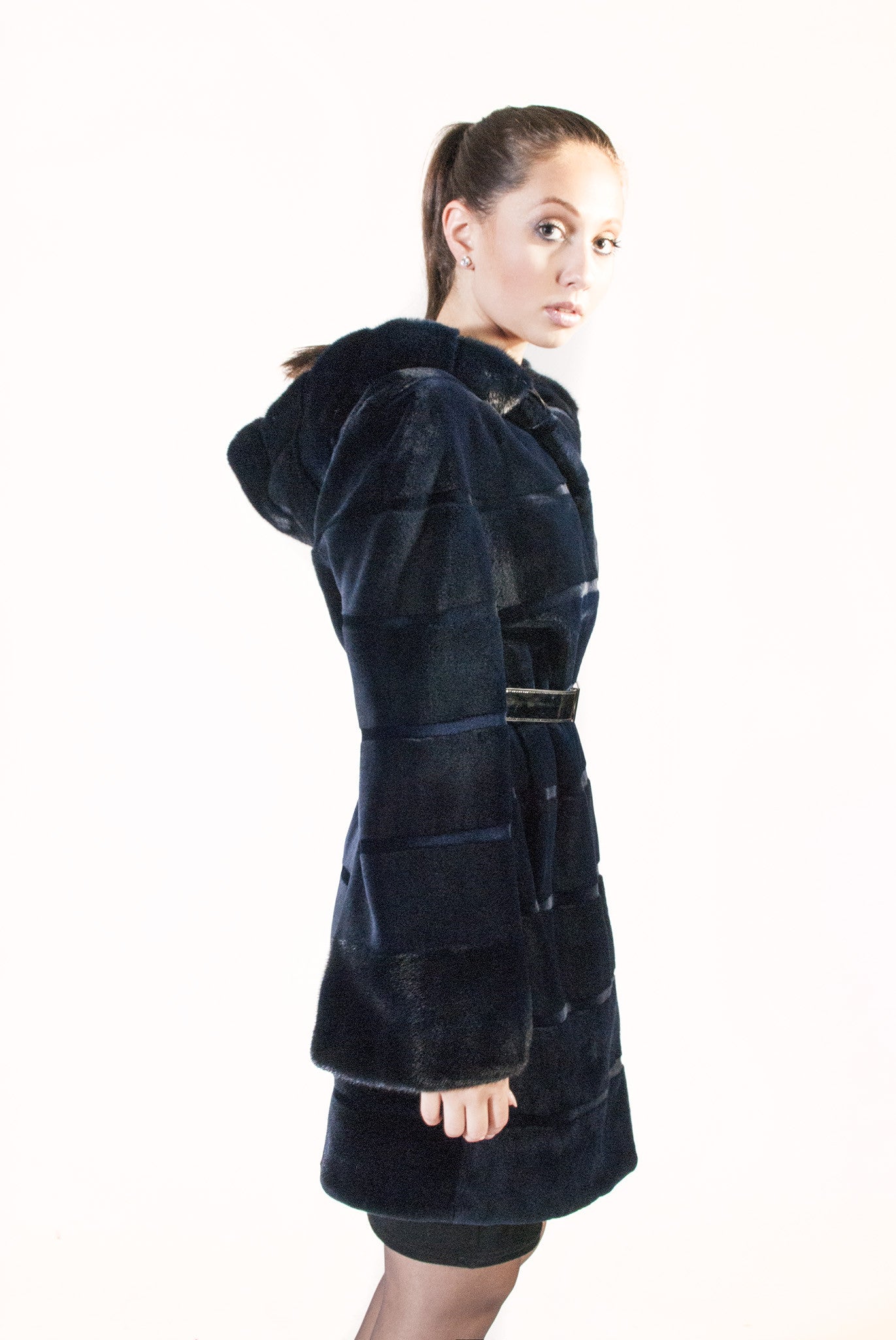 Blue Horizontal Hooded Sheared Mink Jacket - alexandros-furs
