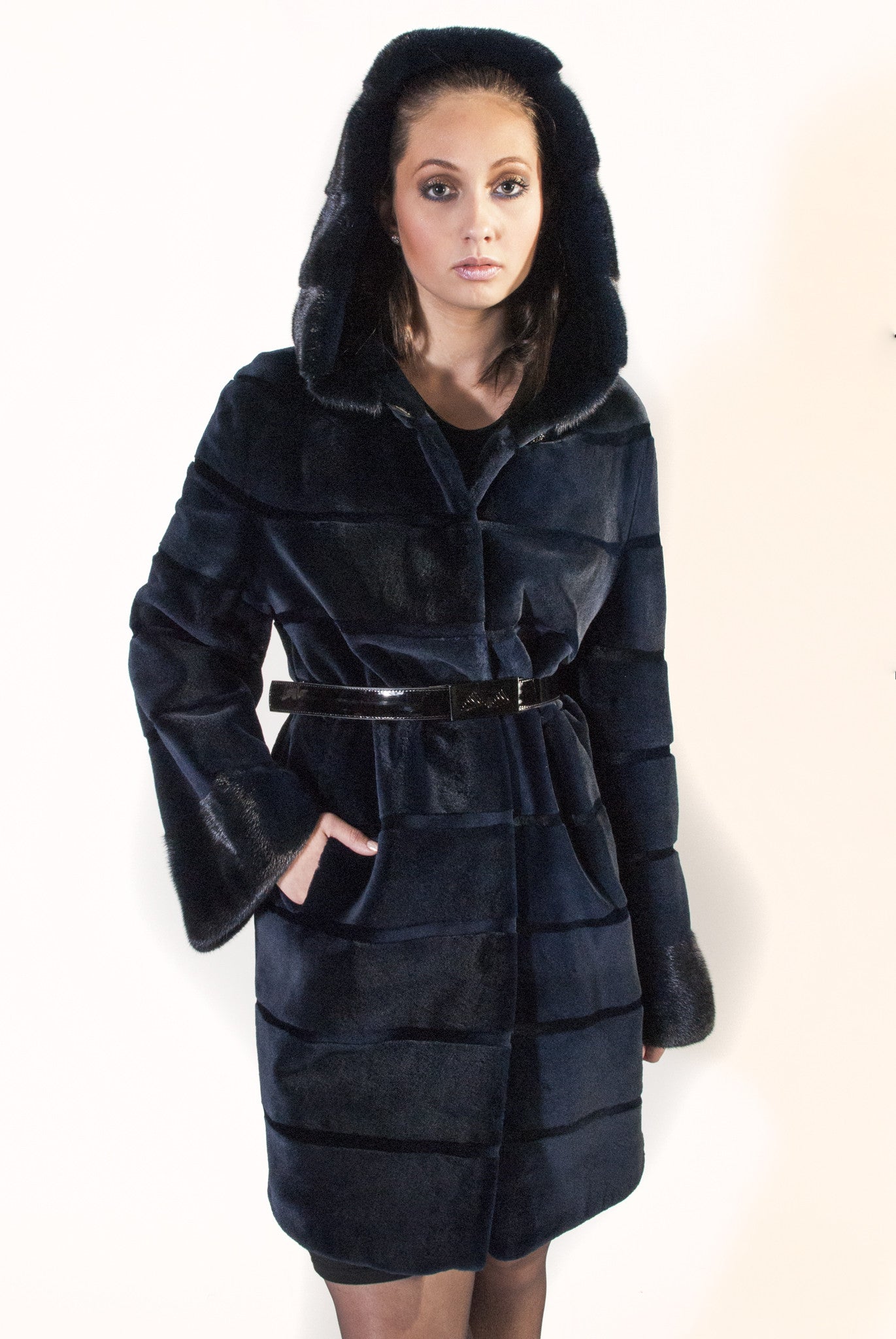 Blue Horizontal Hooded Sheared Mink Jacket - alexandros-furs
