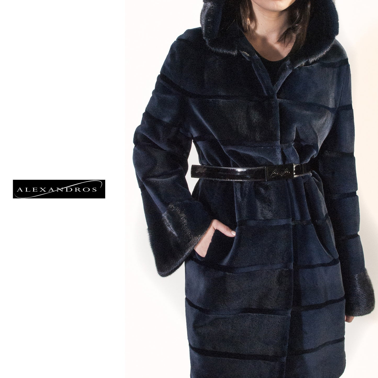 Blue Horizontal Hooded Sheared Mink Jacket - alexandros-furs