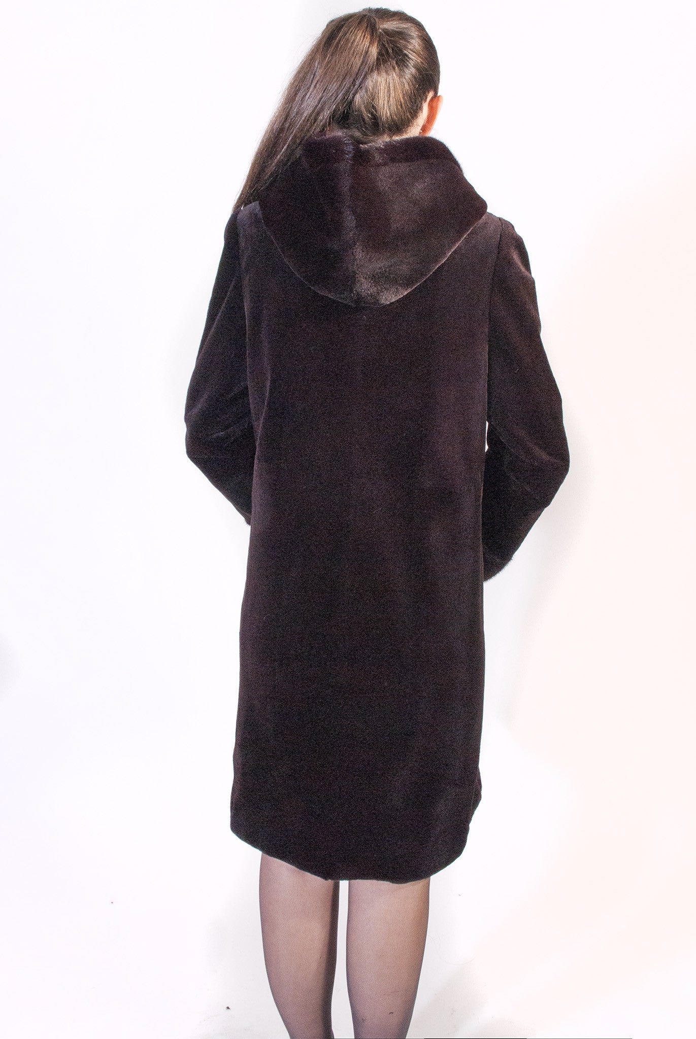 Deep Eggplant Brown Sheared Mink Hooded Coat - alexandros-furs