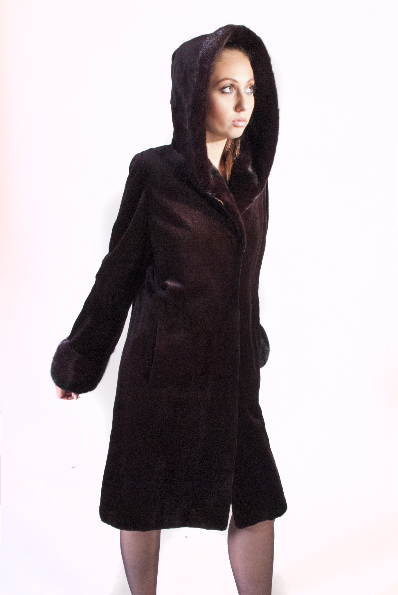 Deep Eggplant Brown Sheared Mink Hooded Coat - alexandros-furs