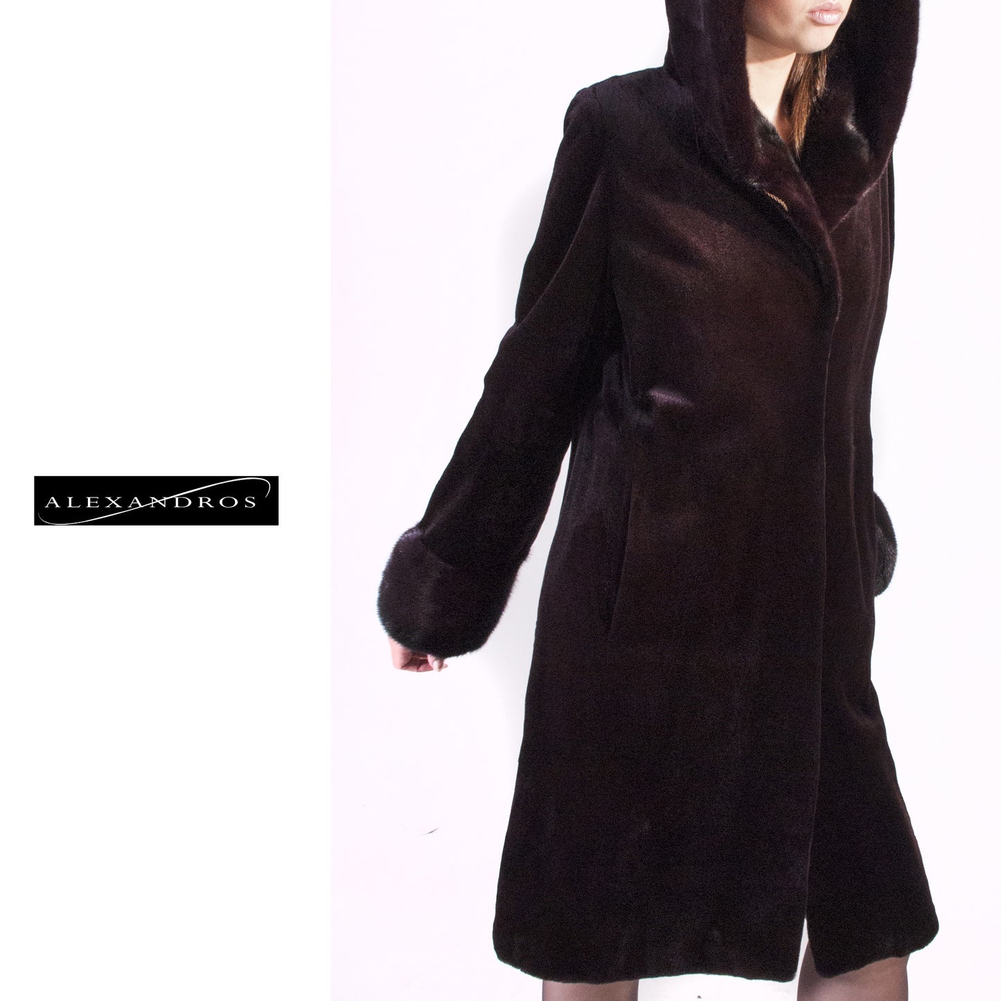 Deep Eggplant Brown Sheared Mink Hooded Coat - alexandros-furs