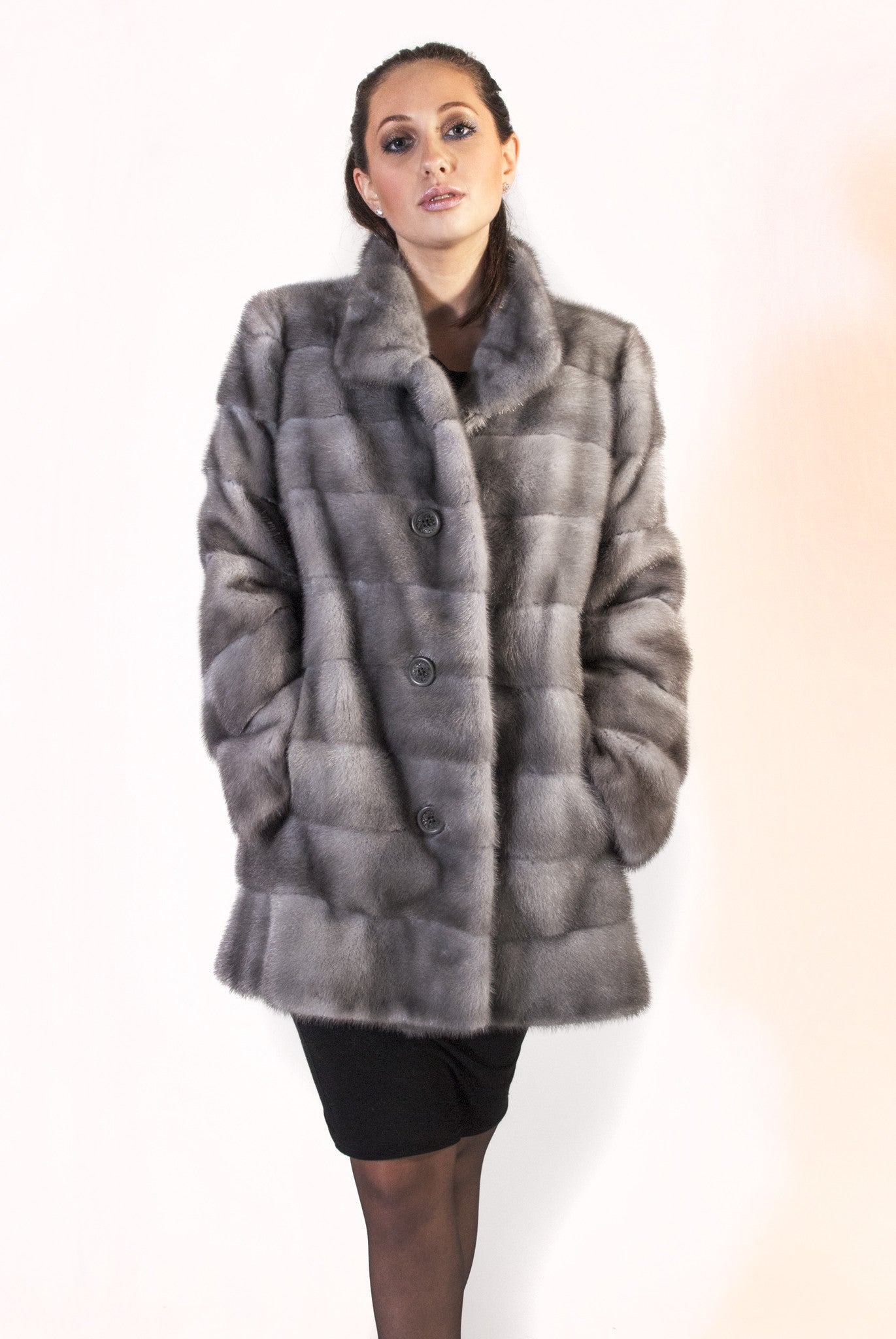 Medium Gray Horizontal Button Down Mink Jacket - alexandros-furs