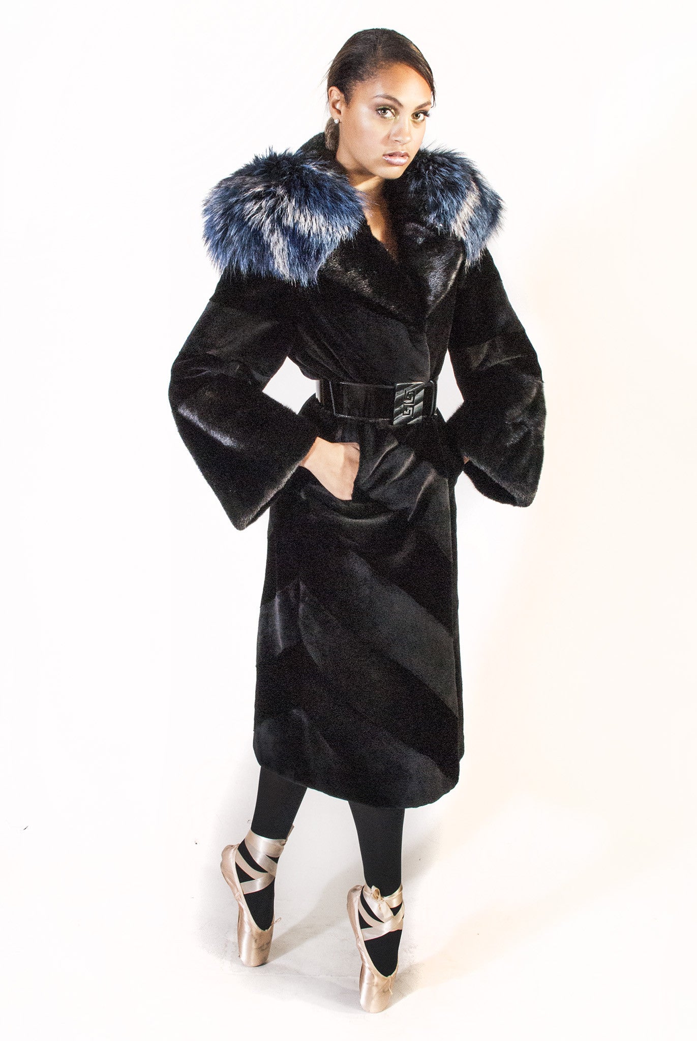 Diagonal Sheared Mink Full Length Coat with Blue Silver Fox Collar - alexandros-furs