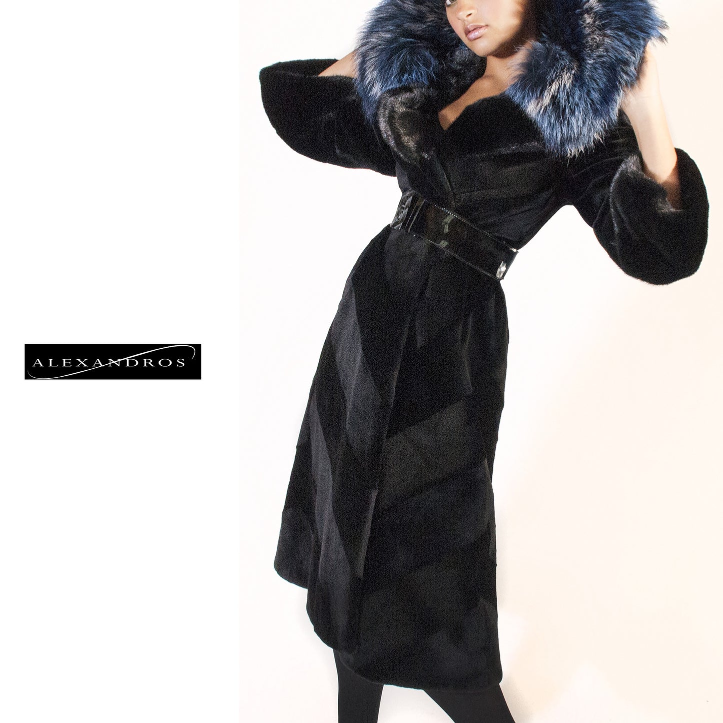 Diagonal Sheared Mink Full Length Coat with Blue Silver Fox Collar - alexandros-furs