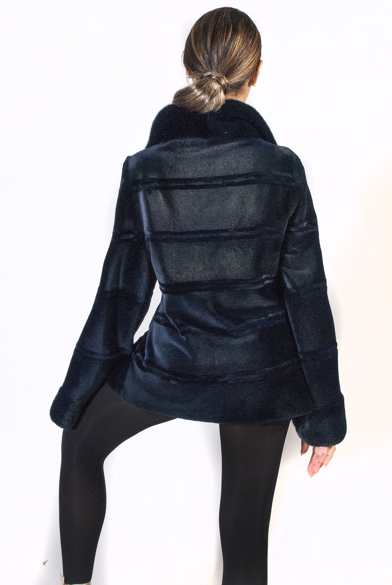 Short Blue Horizontal Grooved Jacket with Bell Sleeves - alexandros-furs