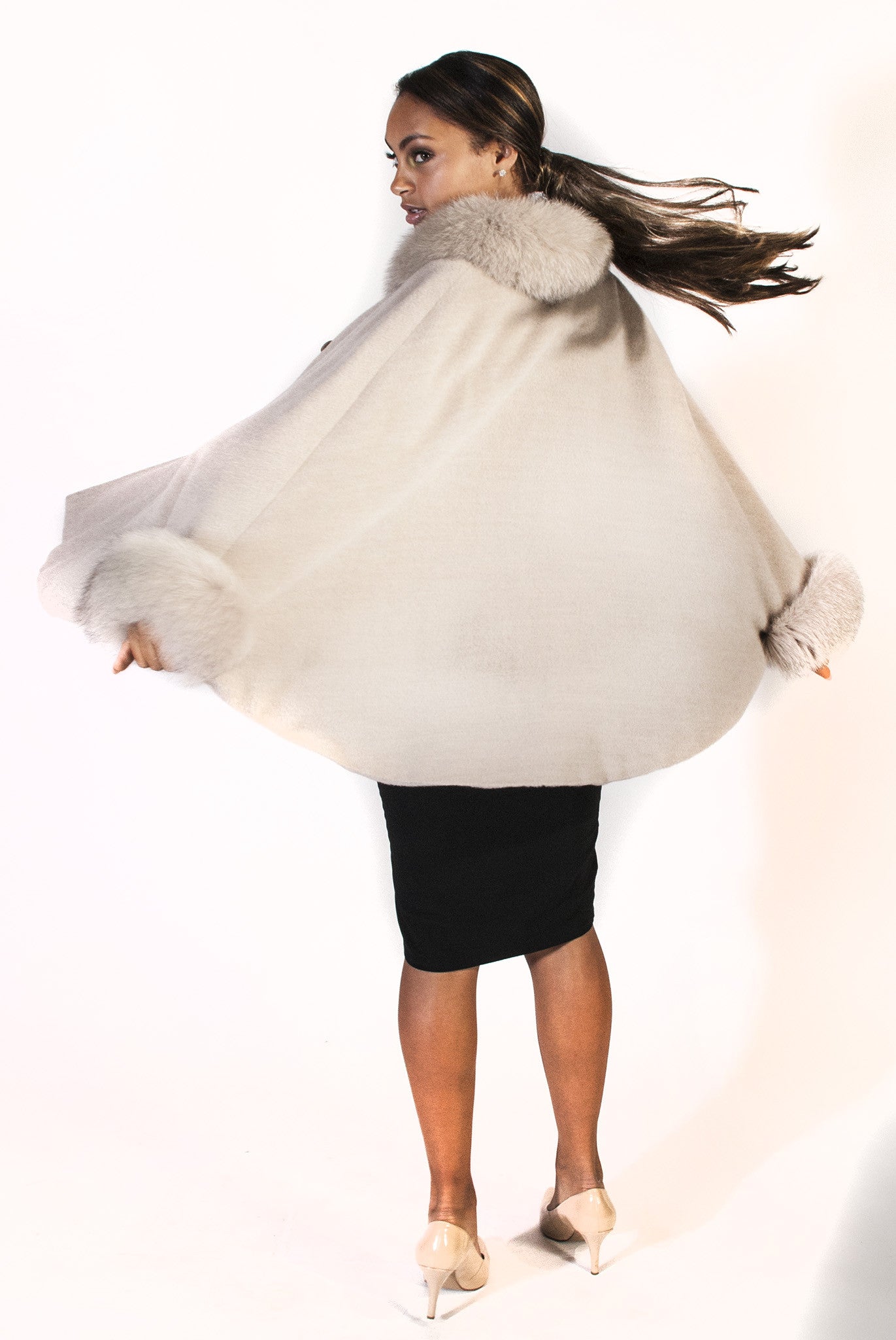 Creamy White Alpaca Cape with Fox Trim - Belted - alexandros-furs