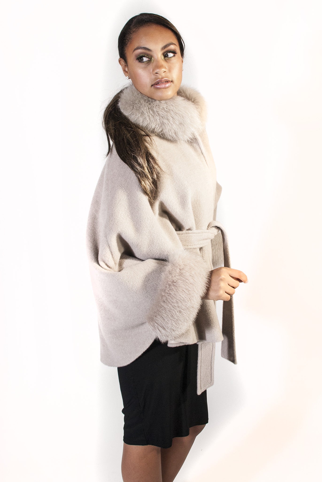 Creamy White Alpaca Cape with Fox Trim - Belted - alexandros-furs