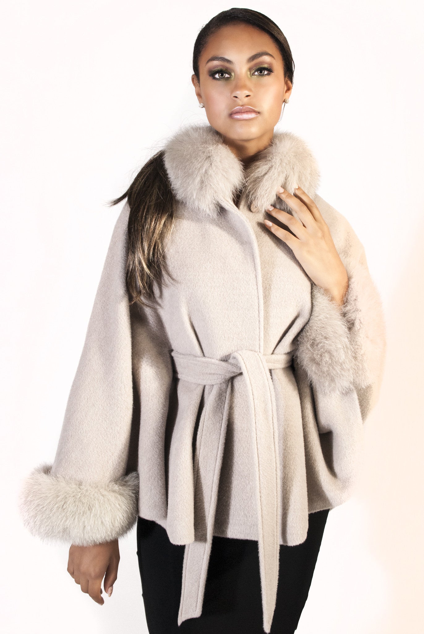 Creamy White Alpaca Cape with Fox Trim - Belted - alexandros-furs