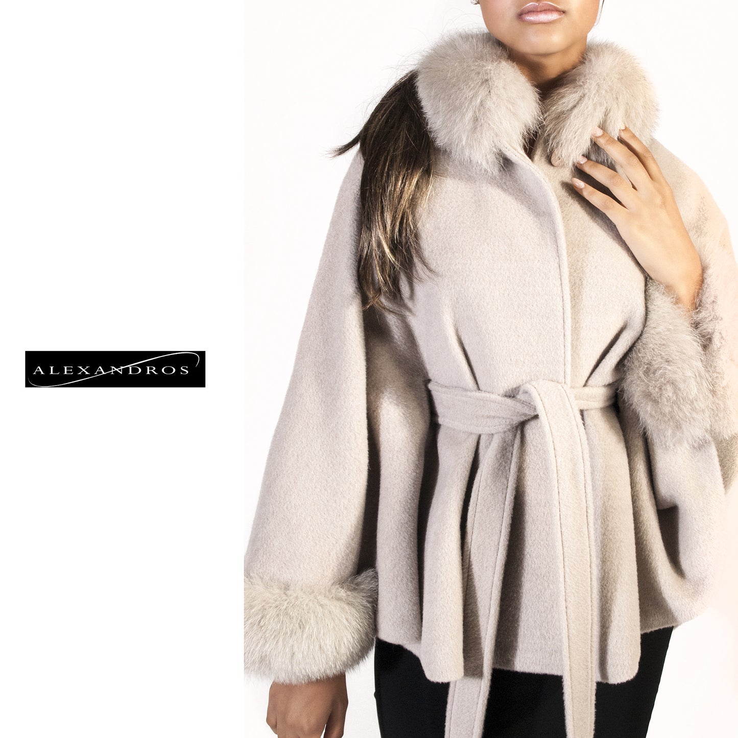 Creamy White Alpaca Cape with Fox Trim - Belted - alexandros-furs