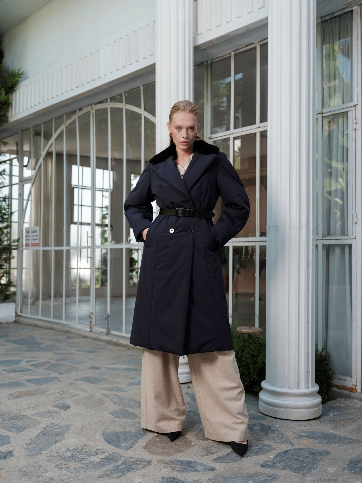Belted Raincoat with Mink Fur Collar