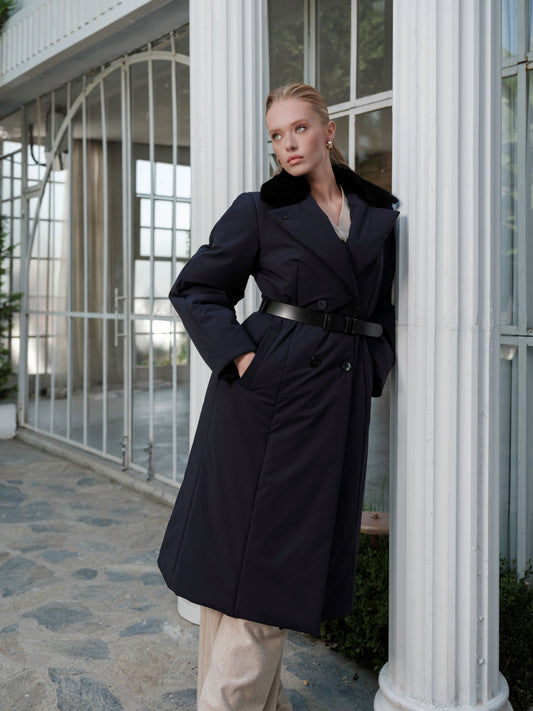 Belted Raincoat with Mink Fur Collar