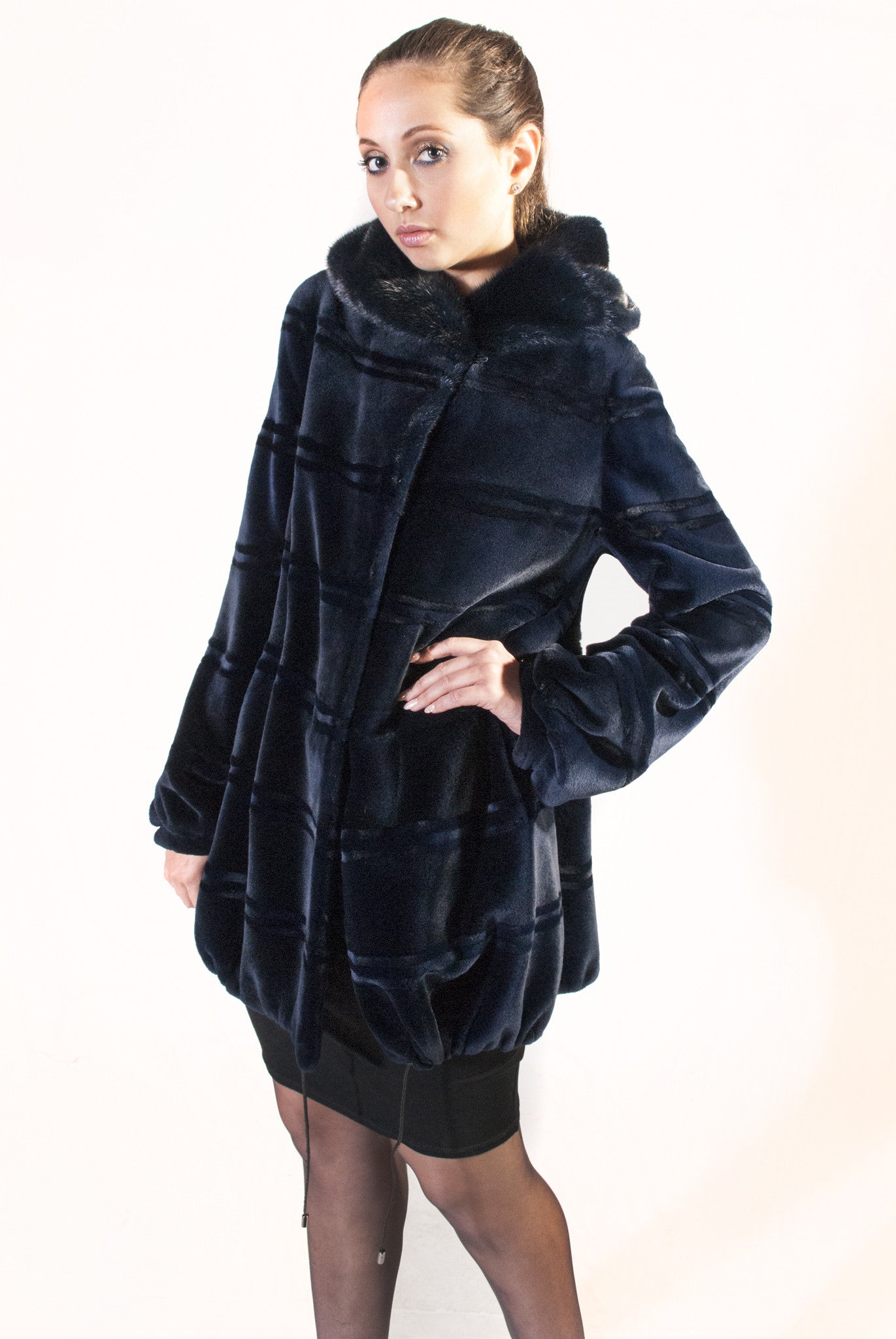Horizontal Blue Sheared Mink Jacket with Hood - alexandros-furs