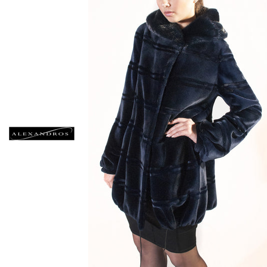 Horizontal Blue Sheared Mink Jacket with Hood - alexandros-furs
