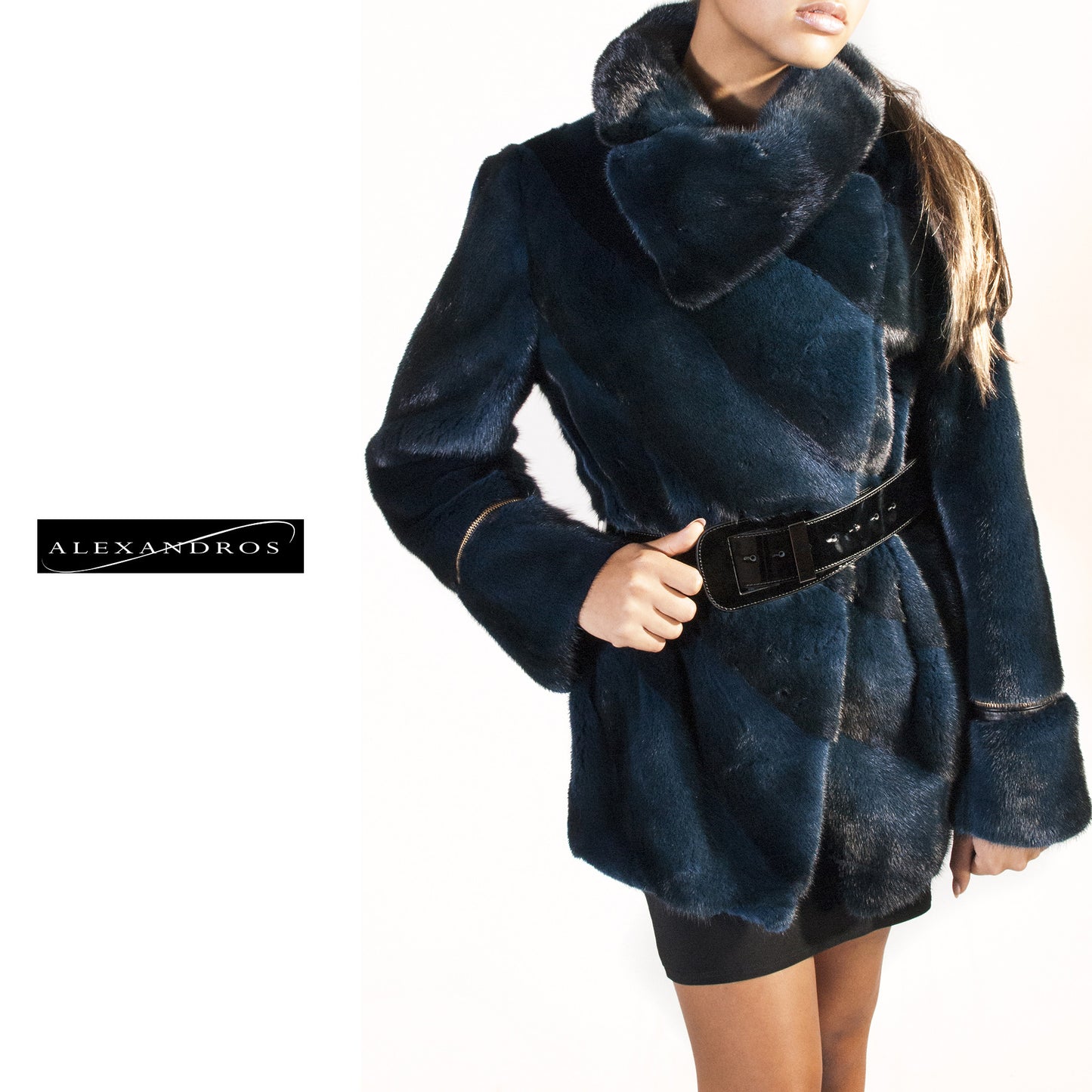 Diagonal Belted Sheared Mink Jacket - Navy-Black - alexandros-furs