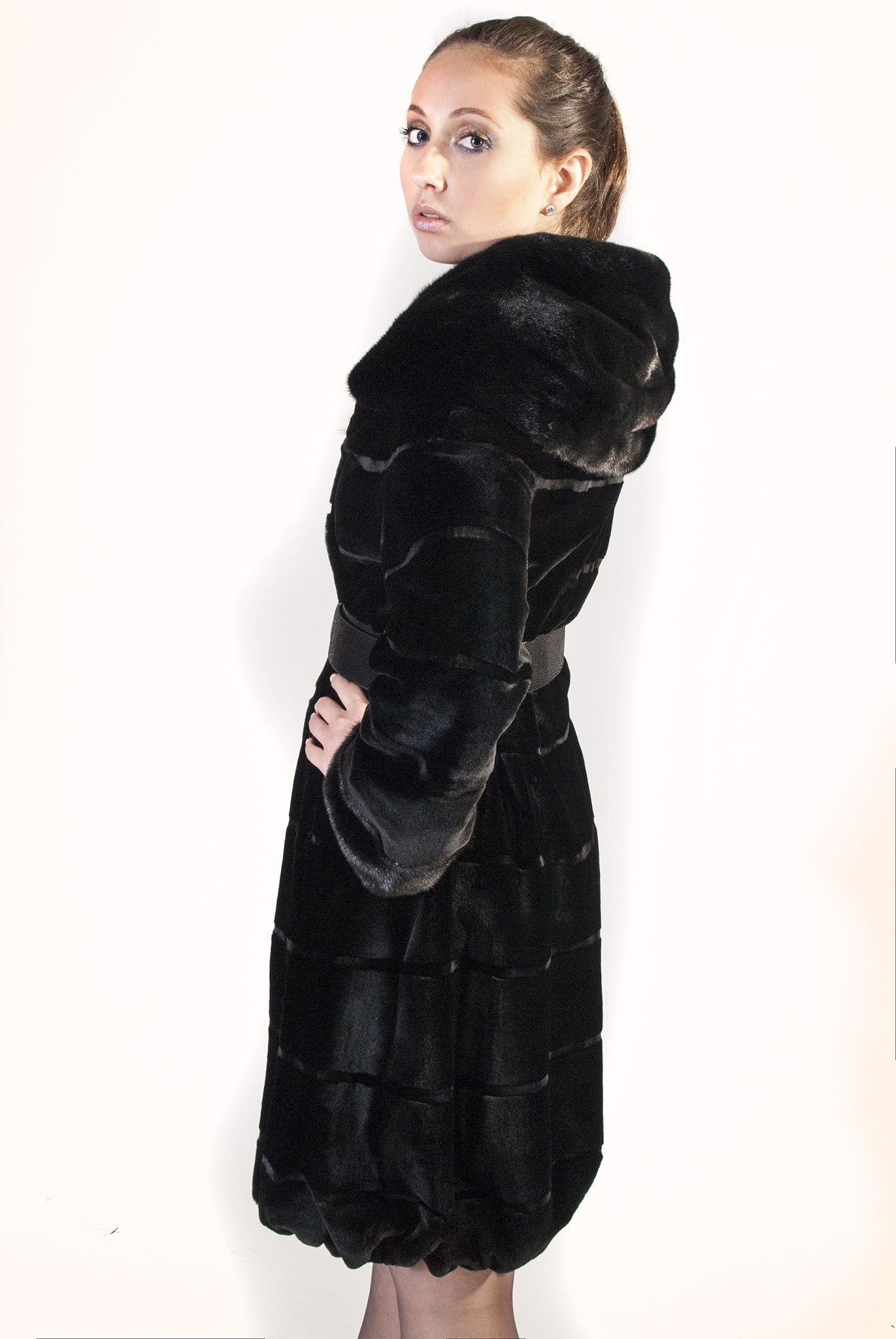 Black Sheared Mink Coat with Belt and Grooved Pattern - alexandros-furs
