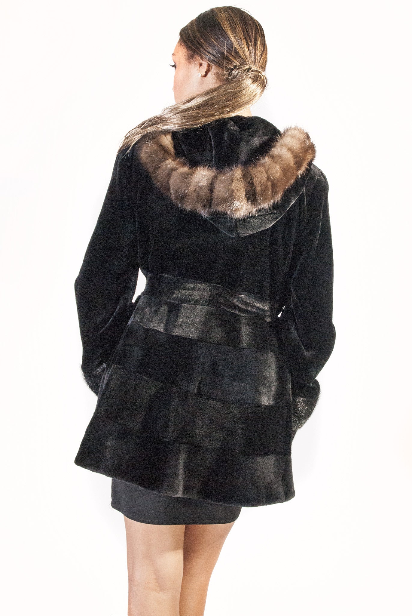 Short Sheared Mink Jacket with Sable Hood Trim   - Belted - alexandros-furs