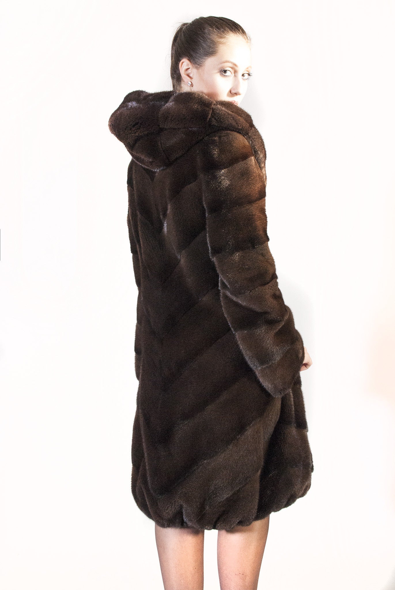 Chevron Hooded Mink Coat with Tulip Bottom - alexandros-furs