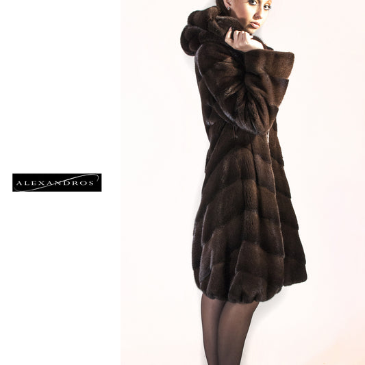 Chevron Hooded Mink Coat with Tulip Bottom - alexandros-furs