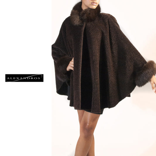 Brown Alpaca Cape with Fox Trim - alexandros-furs