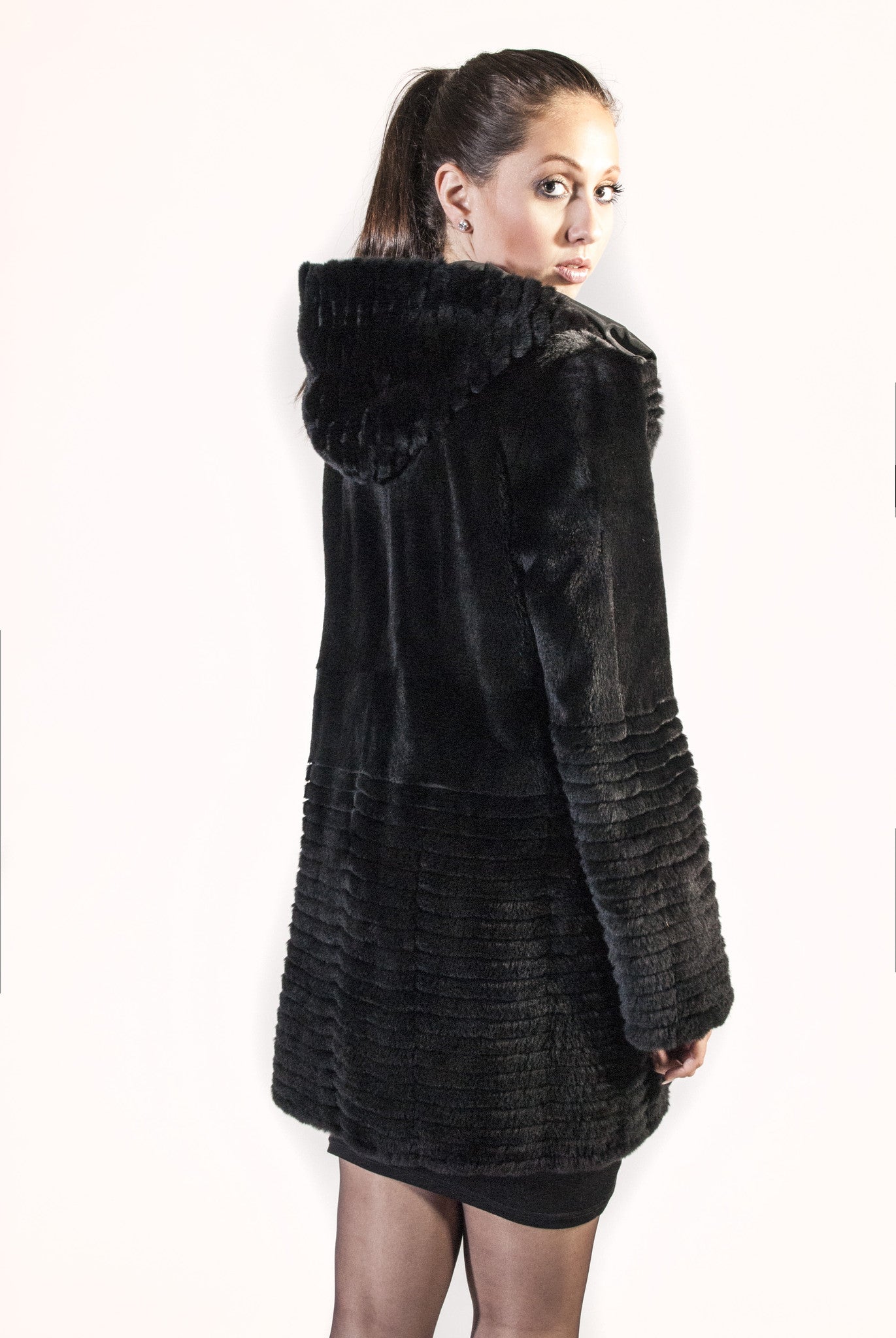 Black Plucked Mink Reversible Raincoat with Horizontal Grooved Hem - alexandros-furs