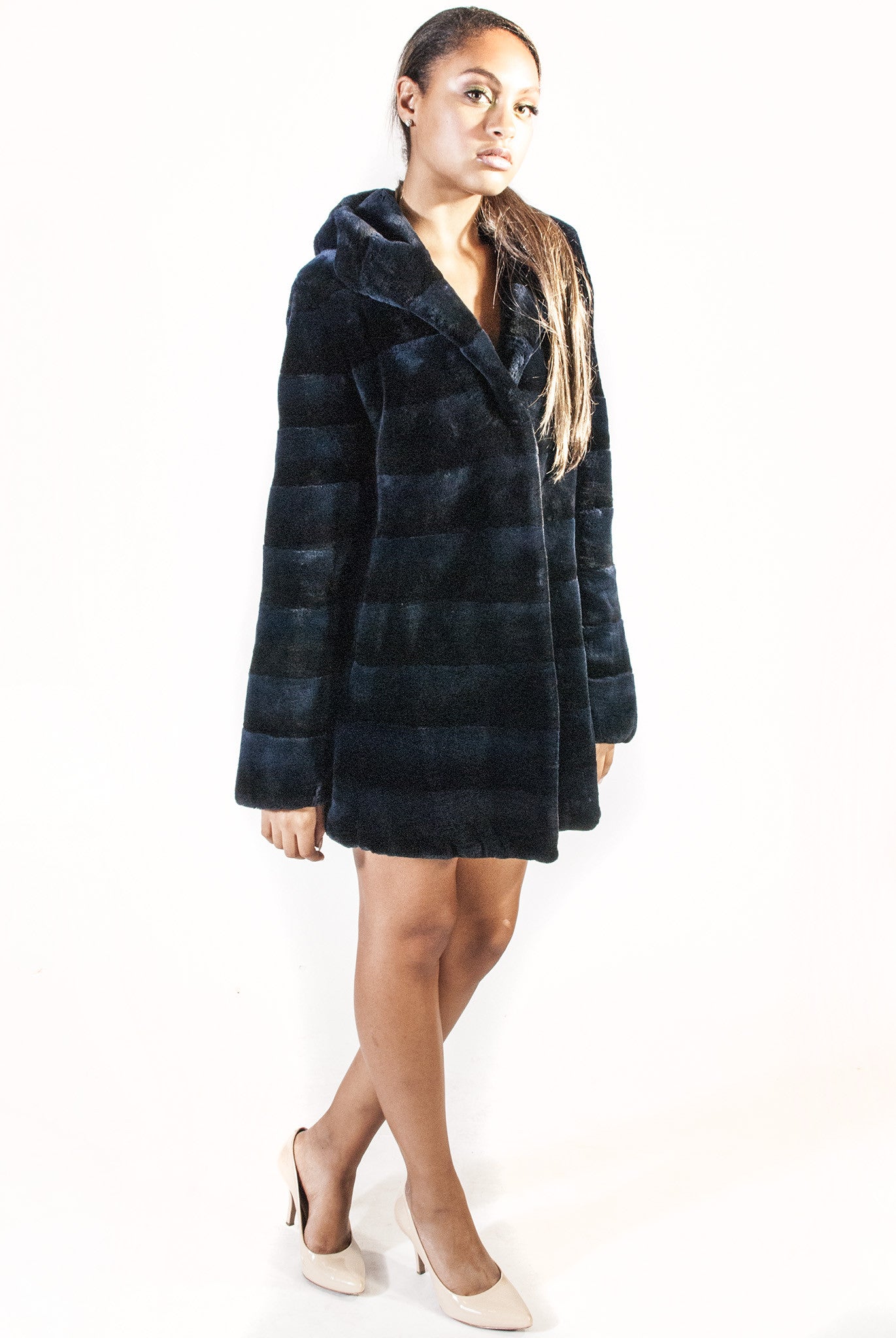 Short Blue-Black Horizontal Sheared Beaver Coat with Hood - alexandros-furs