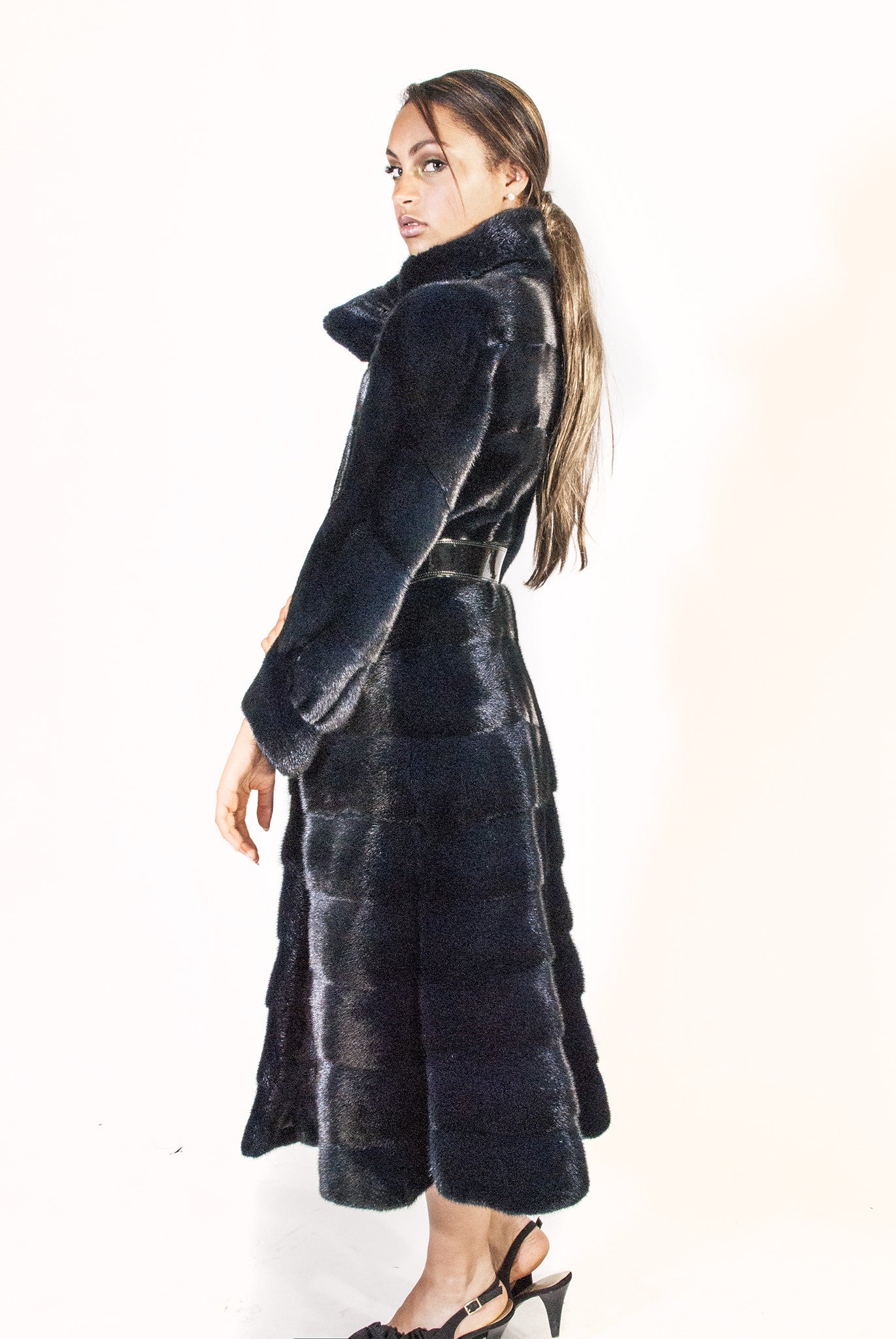 WEB SPECIAL - Long Horizontal Blue-Black  Mink Belted Coat - alexandros-furs