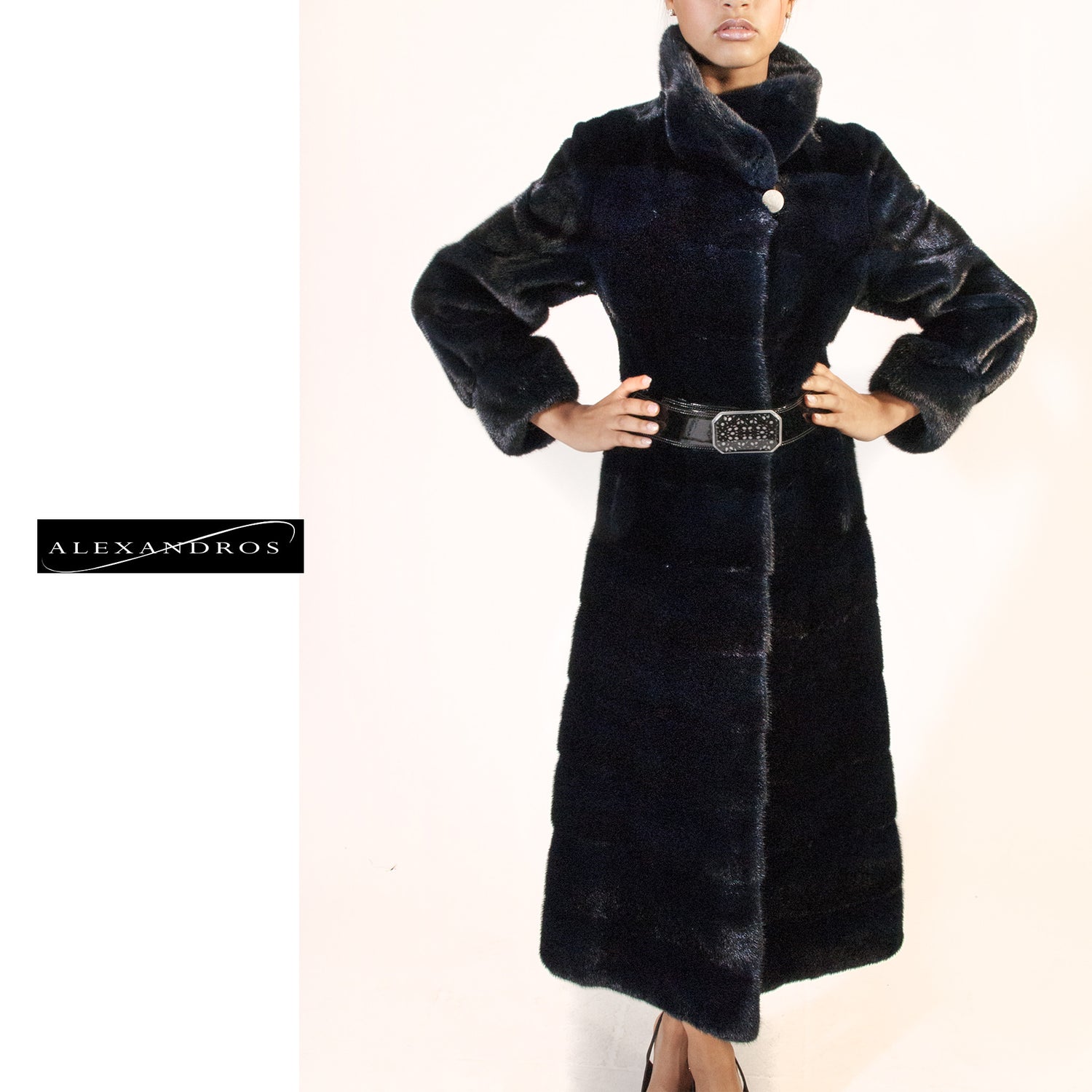 WEB SPECIAL - Long Horizontal Blue-Black  Mink Belted Coat - alexandros-furs