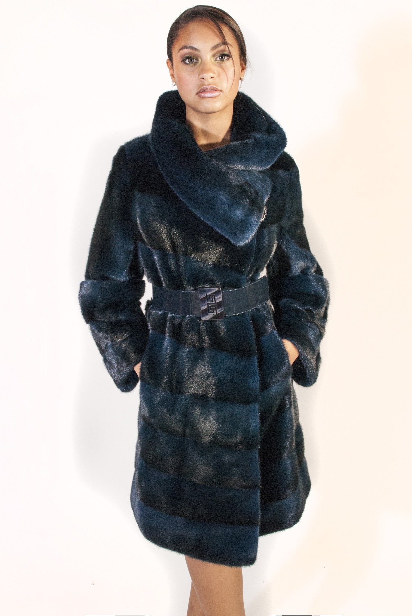 Diagonal Mink Coat with Belt and Full Collar - alexandros-furs